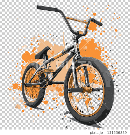 Freestyle BMX bicycle illustration with orange paint splash background and urban style. Extreme sports theme. 131336889