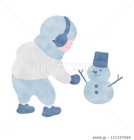 こどもと雪だるまのイラスト　水彩風 131337084
