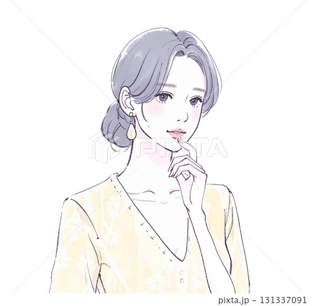 水彩画・手描き風の悩む、考える、落ち込む女性・女の子のイラスト素材 131337091