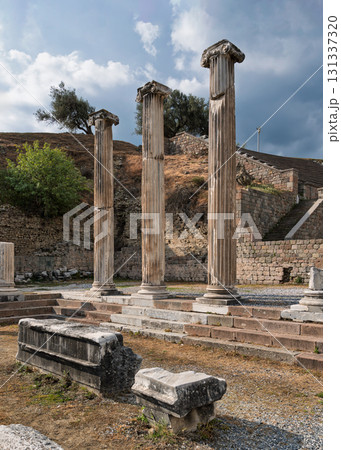 Asklepion, Pergamon: Ancient Columns and Roman Theater Ruins in Bergama, Turkey 131337320