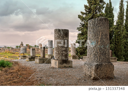 Remains of ancient columns at Ephesus archaeological site, Selcuk, Turkey 131337348