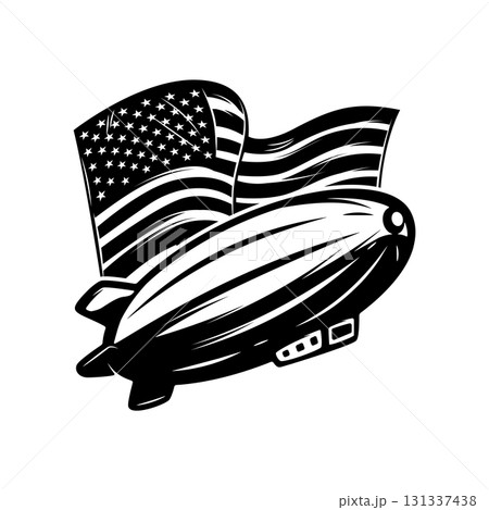 Zeppelin on american flag background. Design element for emblem, sign, badge, poster. Vector illustration 131337438