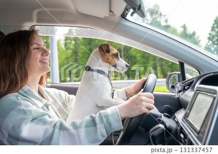 Caucasian woman traveling by car with her dog.  131337457