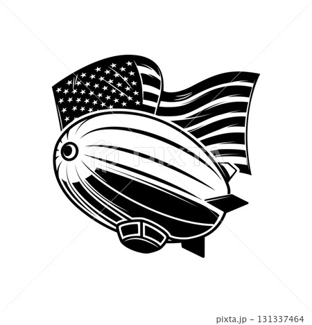 Zeppelin on american flag background. Design element for emblem, sign, badge, poster. Vector illustration Zeppelin on american flag background. Design element for emblem, sign, badge, poster. Vector illustration 131337464