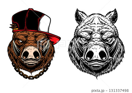 Illustration of wild boar in baseball cap in monochrome and color styles. Design element for t shirt, emblem, badge. Vector illustration Illustration of wild boar in baseball cap in monochrome and color styles. Design element for t shirt, emblem, badge. Vector illustration 131337498