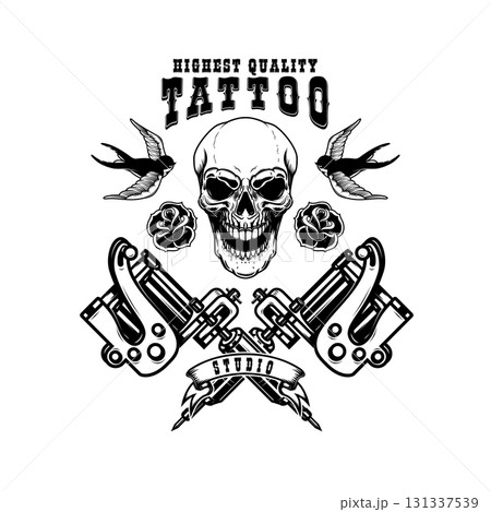 Tattoo studio emblem template. Crossed tattoo machine, skull, roses. Design element for logo, label, sign, poster, t shirt. Vector illustration Tattoo studio emblem template. Crossed tattoo machine, skull, roses. Design element for logo, label, sign, poster, t shirt. Vector illustration 131337539