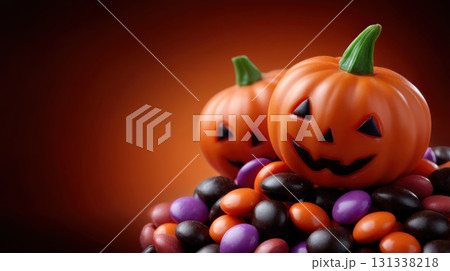 Mini carved pumpkins with Halloween candy on dark orange background, evoking festive and spooky atmosphere 131338218