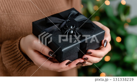 Person holding black gift box with spider decoration and black ribbon, creating spooky and festive atmosphere 131338219