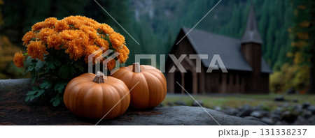 Autumn pumpkins and orange chrysanthemums on rock with rustic wooden church in background, surrounded by forest 131338237