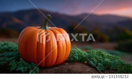 Orange pumpkin rests on patch of green leaves, illuminated by warm golden hour light with scenic mountain backdrop 131338252