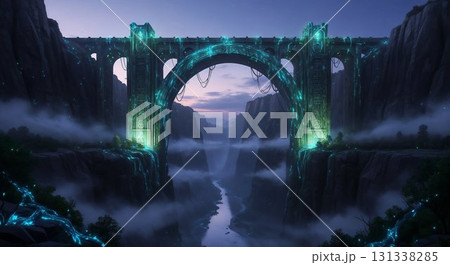 A glowing green bridge spanning a mystical waterfall. 131338285