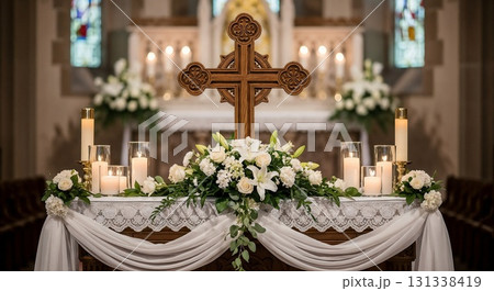 An altar covered with white fabric and candles. 131338419