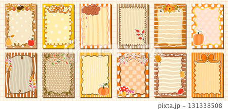 Cute Fall Vector Frames with Pumpkins, Apple, Flowers on Striped and Polka dot Backgrounds for Thanksgiving and Harvest Season Designs 131338508
