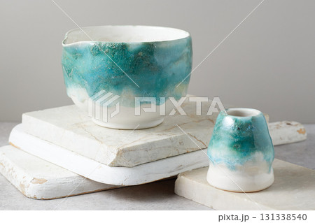 Tea bowl ceramic on gray background. 131338540