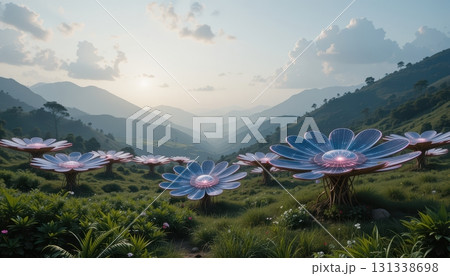 Futuristic Flowers in a Natural Mountain Valley Landscape 131338698