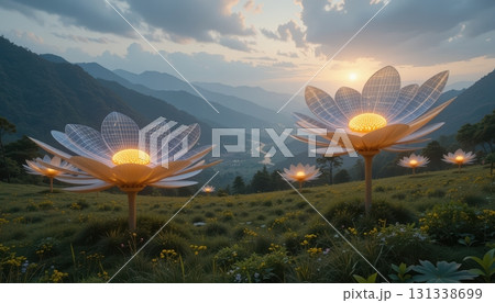 Futuristic Solar Flowers in a Lush Mountain Field 131338699