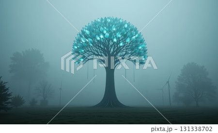 A glowing digital tree in a mysterious foggy field with turbines 131338702