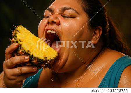 Overweight woman enjoying eating a large pineapple outdoors. Overweight woman enjoying eating a large pineapple outdoors. 131338723
