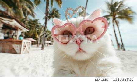 White cat in glitter crown and pink heart-shaped sunglasses 131338816