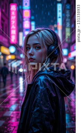 City Rain and Neon Lights with a Young Woman 131338933
