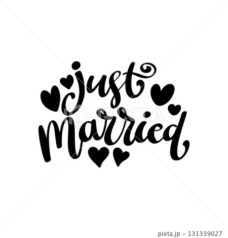 Just married. Lettering phrase on white background. Design element for greeting card, t shirt, poster. Vector illustration 131339027