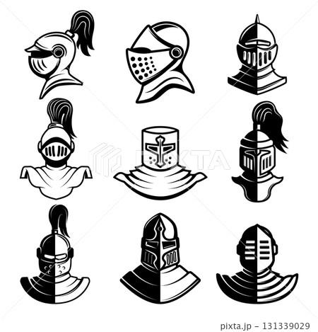 Set of black and white illustration of knight helmet. Warrior helmet. Design element 131339029
