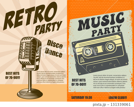Retro party. Poster template with retro style boombox, microphone. Design element for banner, sign, flyer. Vector illustration Retro party. Poster template with retro style boombox, microphone. Design element for banner, sign, flyer. Vector illustration 131339061