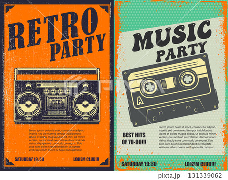 Retro party. Poster template with retro style boombox, microphone. Design element for banner, sign, flyer. Vector illustration Retro party. Poster template with retro style boombox, microphone. Design element for banner, sign, flyer. Vector illustration 131339062