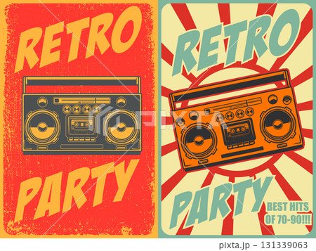 Retro party. Poster template with retro style boombox. Design element for banner, sign, flyer. Vector illustration Retro party. Poster template with retro style boombox. Design element for banner, sign, flyer. Vector illustration 131339063
