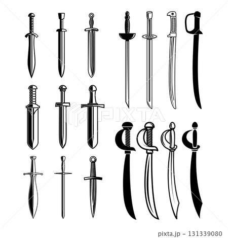 Set of illustrations of medieval swords. Design element for poster, card, banner,emblem, sign. Vector illustration 131339080