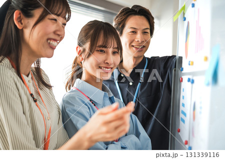ホワイトボードを使って打合せする3人の男女 ホワイトボードを使って打合せする3人の男女 131339116