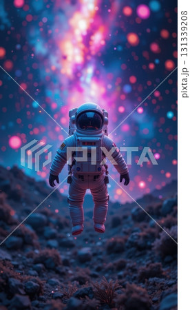 Astronaut Floating Above a Rocky Alien Planet Landscape 131339208