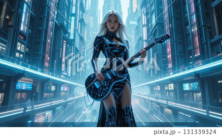 Futuristic Rock Star in a Cyberpunk Cityscape with a Guitar 131339324