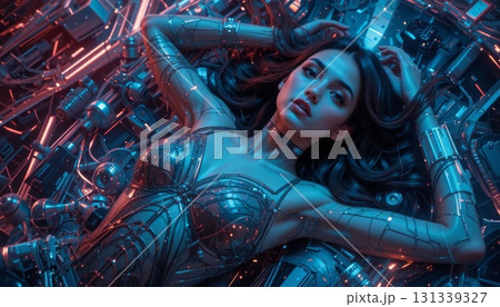 Android in Chrome Body Armor Surrounded by Machinery 131339327