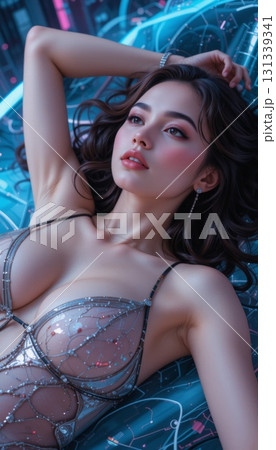 Android with Sparkling Bodysuit Lying on Circuitry 131339341