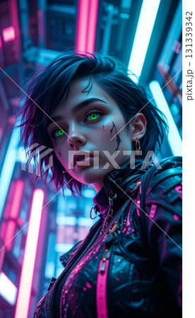 A Captivating Cyberpunk Woman with Piercing Green Eyes 131339342