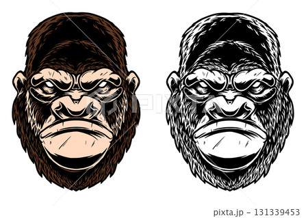 Illustration of gorilla in monochrome and color styles. Design element for t shirt, emblem, badge. Vector illustration 131339453