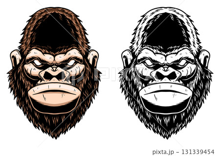 Illustration of gorilla in monochrome and color styles. Design element for t shirt, emblem, badge. Vector illustration 131339454