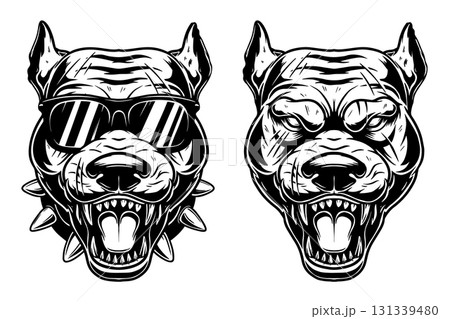 Illustration of pitbull in engraving styles. Design element for t shirt, emblem, badge. Vector illustration 131339480