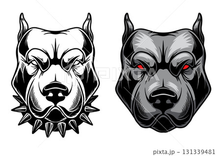 Illustration of pitbull in monochrome and color styles. Design element for t shirt, emblem, badge. Vector illustration Illustration of pitbull in monochrome and color styles. Design element for t shirt, emblem, badge. Vector illustration 131339481
