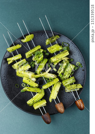 Vegetable celery skewers arrayed on a platter. Vegetable celery skewers arrayed on a platter. 131339518