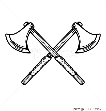 Illustration of two crossed viking axe in engraving style. Design element for logo, emblem, sign, poster, card, banner. Vector illustration 131339572