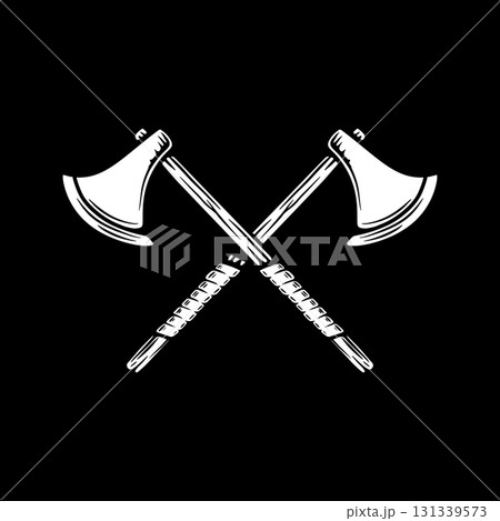 Illustration of two crossed viking axe in engraving style. Design element for logo, emblem, sign, poster, card, banner. Vector illustration Illustration of two crossed viking axe in engraving style. Design element for logo, emblem, sign, poster, card, banner. Vector illustration 131339573