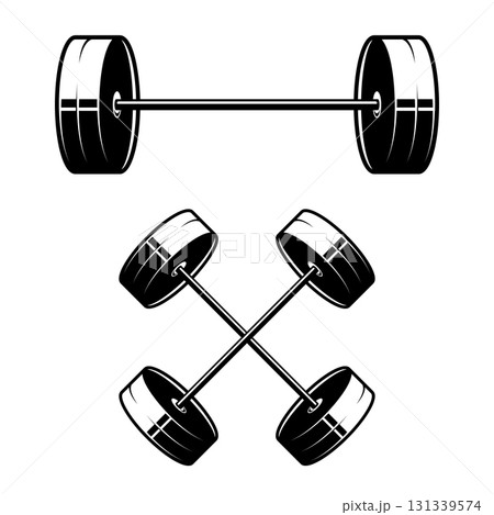 Illustration of barbell engraving style. Design element for logo, emblem, sign, poster, card, banner. Vector illustration Illustration of barbell engraving style. Design element for logo, emblem, sign, poster, card, banner. Vector illustration 131339574