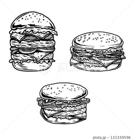 Set of hand drawn hamburger, burger. Set of doodle style hamburger, burger. Vector illustration Set of hand drawn hamburger, burger. Set of doodle style hamburger, burger. Vector illustration 131339596