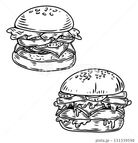 Set of hand drawn hamburger, burger. Set of doodle style hamburger, burger. Vector illustration 131339598