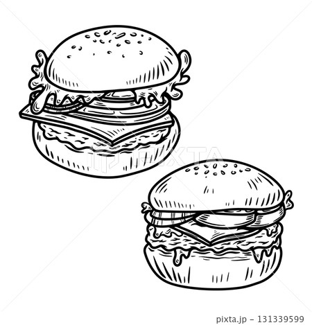 Set of hand drawn hamburger, burger. Set of doodle style hamburger, burger. Vector illustration 131339599