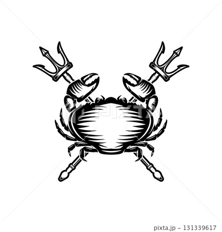 Crab and two crossed tridents. Design element for emblem, sign, badge, poster. Vector illustration Crab and two crossed tridents. Design element for emblem, sign, badge, poster. Vector illustration 131339617