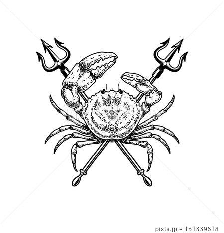 Crab and two crossed tridents. Design element for emblem, sign, badge, poster. Vector illustration Crab and two crossed tridents. Design element for emblem, sign, badge, poster. Vector illustration 131339618