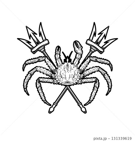 Crab and two crossed tridents. Design element for emblem, sign, badge, poster. Vector illustration 131339619